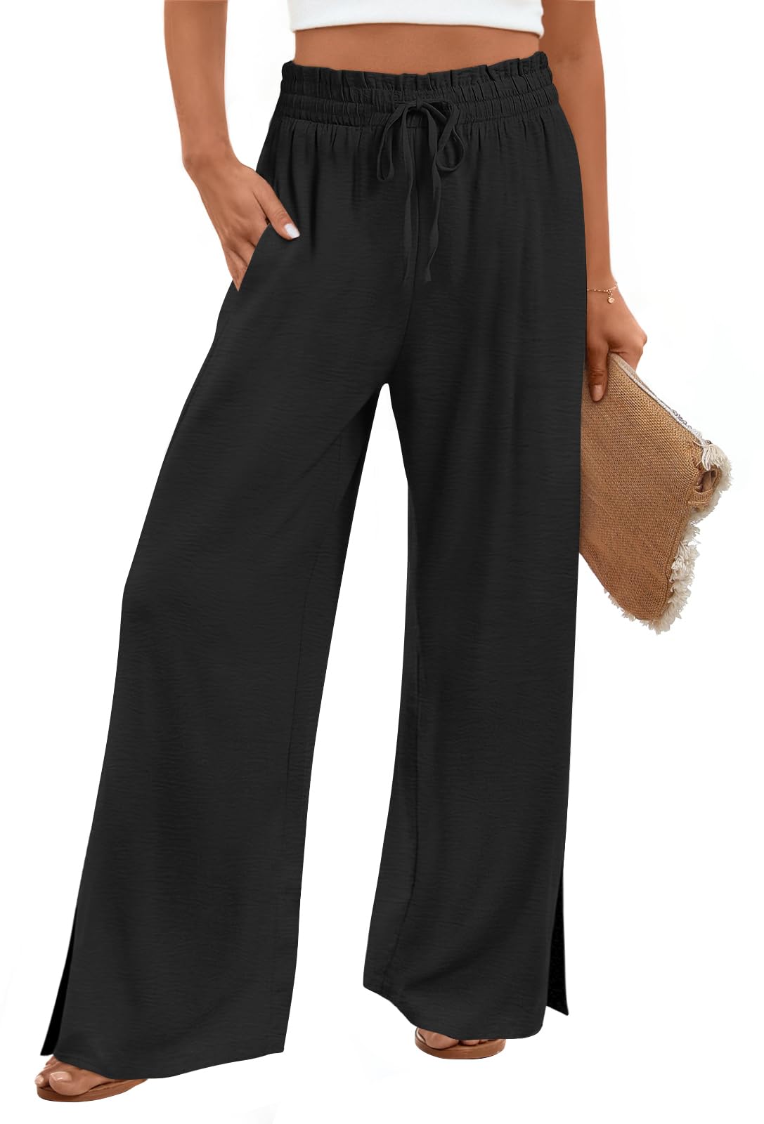 HOTGIFT 2025 Womens Pants Wide Leg High Waisted Adjustable Drawstring Trousers with Pockets Casual Lightweight