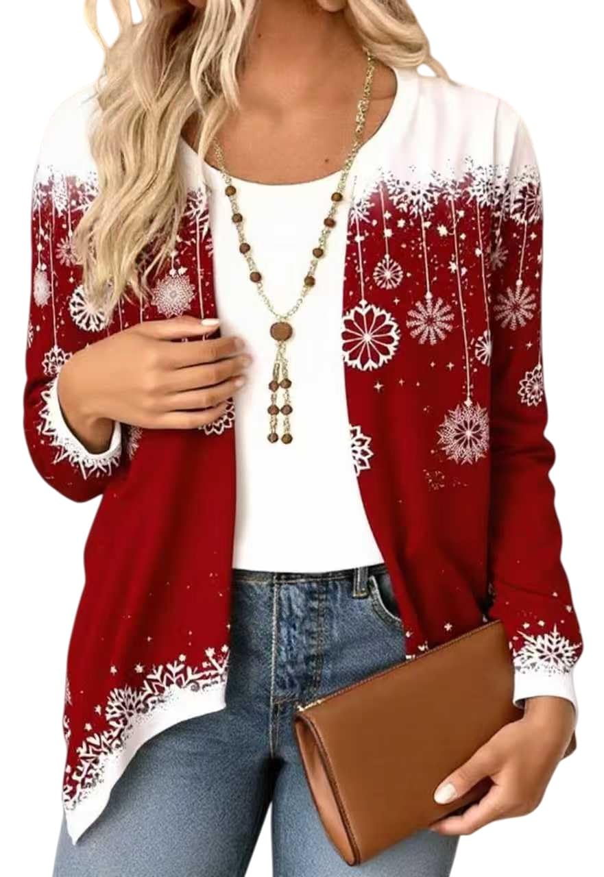 Beopjesk Long Sleeve Christmas Cardigan for Women Casual Snowflake Christmas Tree Regular Fit Kimono Cover Up Blouse Tops