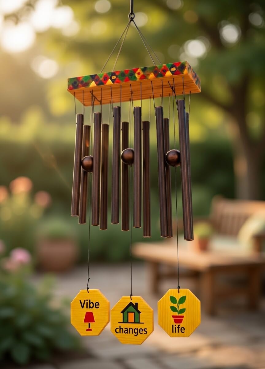 Decorative Wooden Wind Chime with Geometric Design & Heavy Black Tubes – Colorful Tribal Pattern Top, Pearl Beads – Outdoor Garden Hanging Decor-image-25