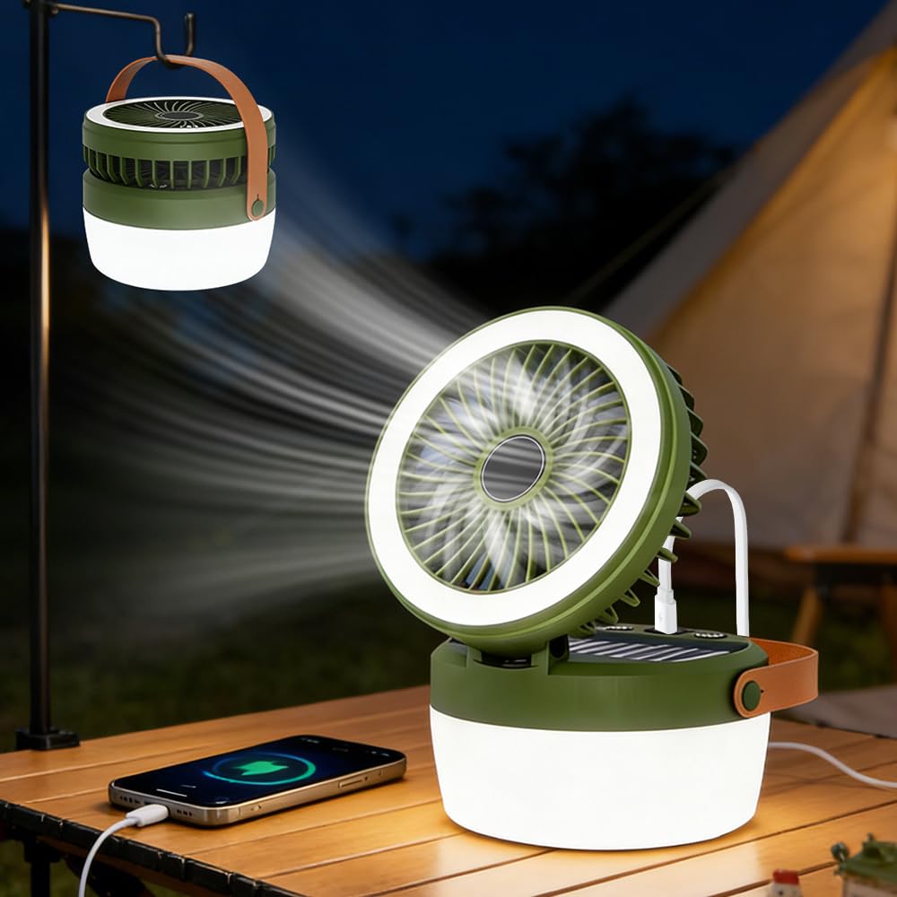 LED Campinglampe Solar, Tragbarer Camping Ventilator mit 4 Leuchtmodi | 3 Windgeschwindigkeiten, Campinglampe Akku Aufladbar für Außenaktivität, Wandern, Zeltlampe, Umgebungslicht, Notfall