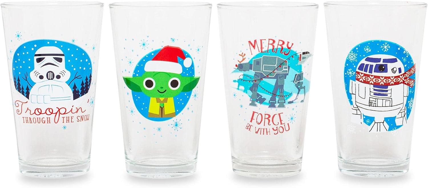 Star Wars Holiday Fun Pint Glasses, Set of 4 | Beer Tumbler For Liquor, Pub Drinks | Each Holds 16 Ounces