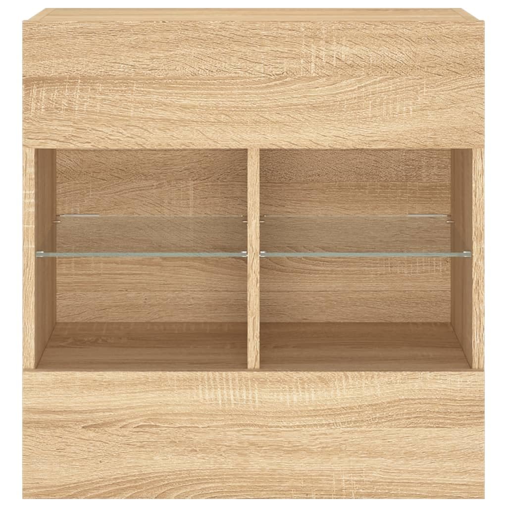 Mueble de pared para TV Sonoma Roble con luces LED RGB, madera, 58,5 x 30 x 60,5 cm, 2 estantes de cristal, montaje en pared, espacio de almacenamiento para sala de estar, dormitorio, cine