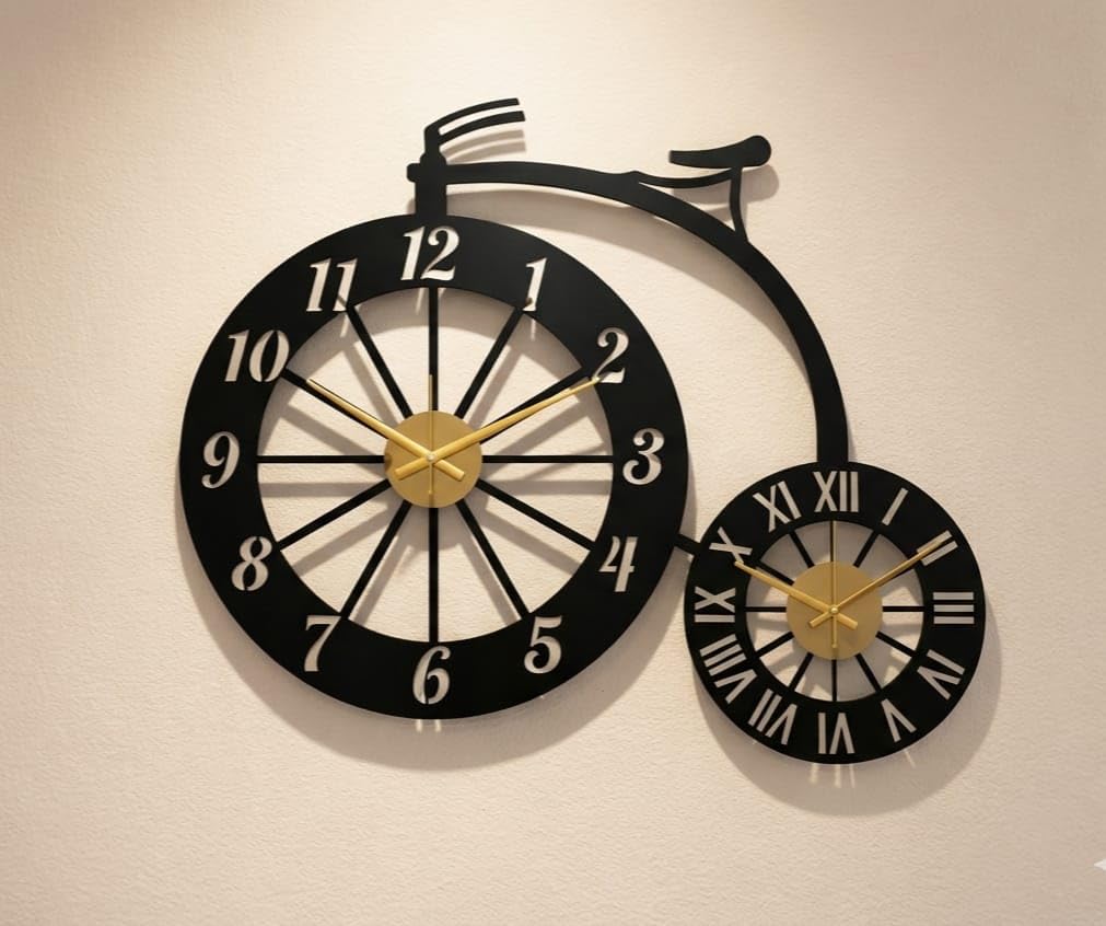 bicycle wall clock metal dual dial black gold | vintage cycle design, roman & arabic numerals, gold hands, home & office decor, unique designer clock