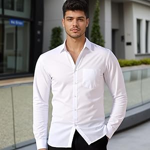 XPIZH Mens Dress Shirts Long Sleeve Collared Stretch Solid Formal Wedding Dating Business Casual Button Down Shirt Pocket
