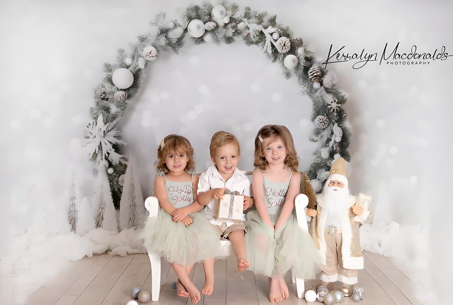 Kate Fond de Photographie de Noël 2,5 x 2,5 m/8 x 8 Pieds Hiver Blanc Noël Neige Vert Arc Bokeh Néon Toile de Fond pour Accessoires de Photographie Portrait d'enfant Photocall