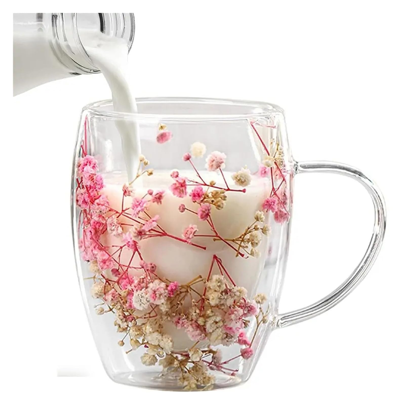 KristallgläSer Doppelwandiger Glasbecher Mit Getrockneten Blumen, 350 Ml, Kaffeebecher Mit Trockenen Blumen, Dekorativer Blumenbecher, Doppelwandiger Blumenbecher(Pink)