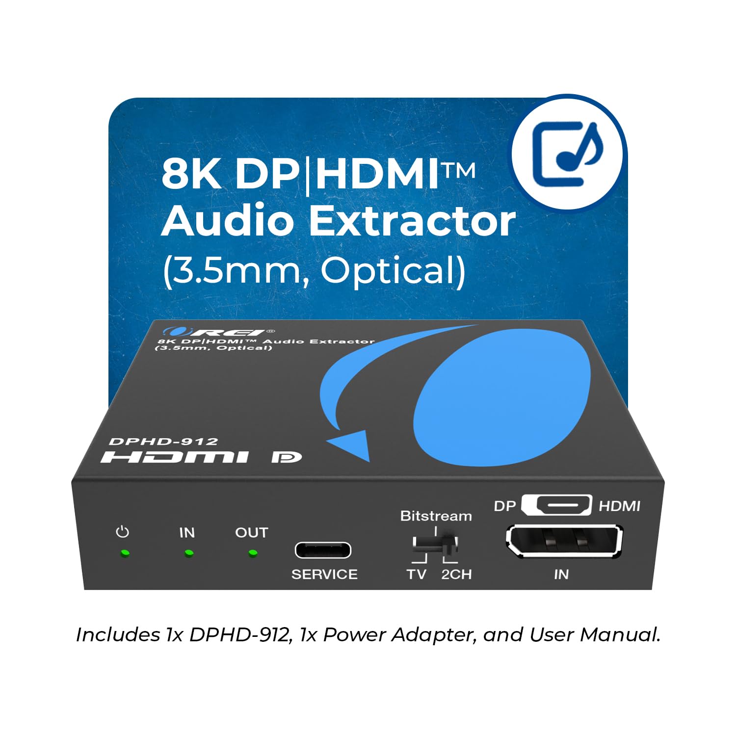 OREI 8K DP|Extractor y convertidor de audio HD - SPDIF + salida de 3.5 mm - HDCP 2.3 - 8K @30Hz DP / 4K @60Hz HDMI - Dolby Digital/DTS - CEC, HDR, Dolby Vision (DPHD-912)