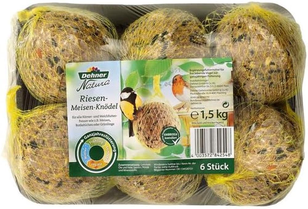Dehner Natura Premium ogromne kule z siatką, całoroczna karma dla dzikich ptaków, bogata w białko/energię, wysokiej jakości karma dla dzikich ptaków, 6 sztuk po 250 g (1,5 kg)