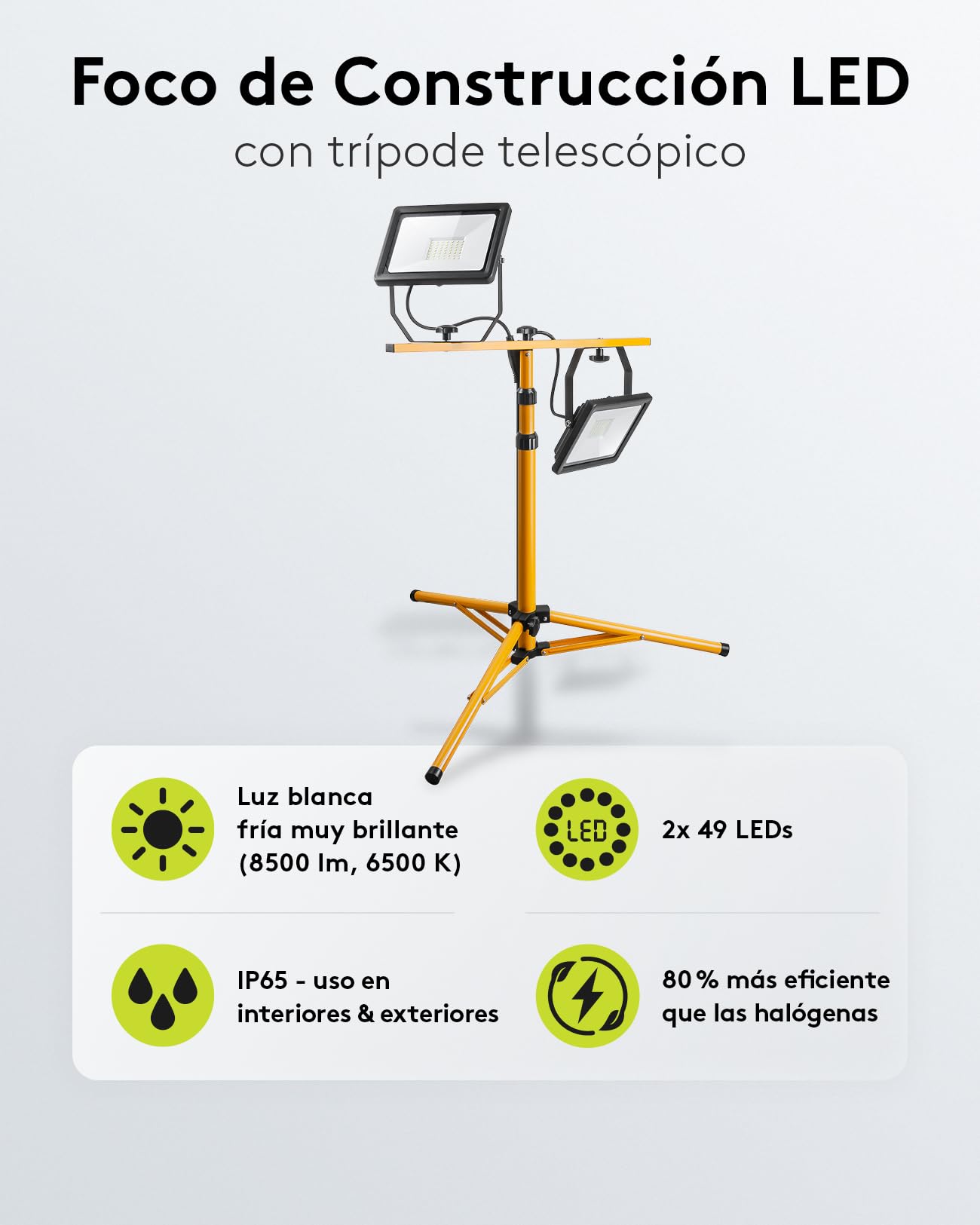 goobay Foco LED para Obras 49984-Foco construcción telescópico (Doble Cabezal, para Uso en Interiores y Exteriores, trípode de Metal, luz Blanca fría), Negro, Amarillo, 2x 50 Vatios