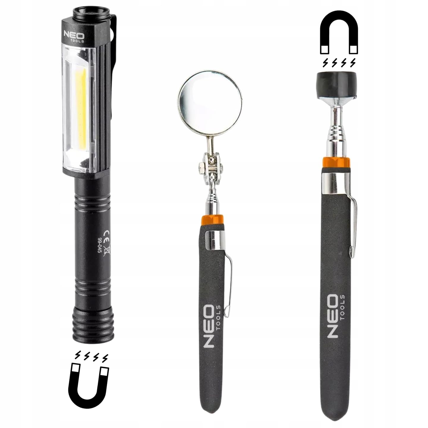 NEO TOOLS 3-częściowy zestaw – teleskopowy podnośnik magnetyczny + okrągłe lusterko inspekcyjne + lampa inspekcyjna LED COB 400 lm, 3 funkcje 100%, 50%, czerwone światło | narzędzie z magnesem