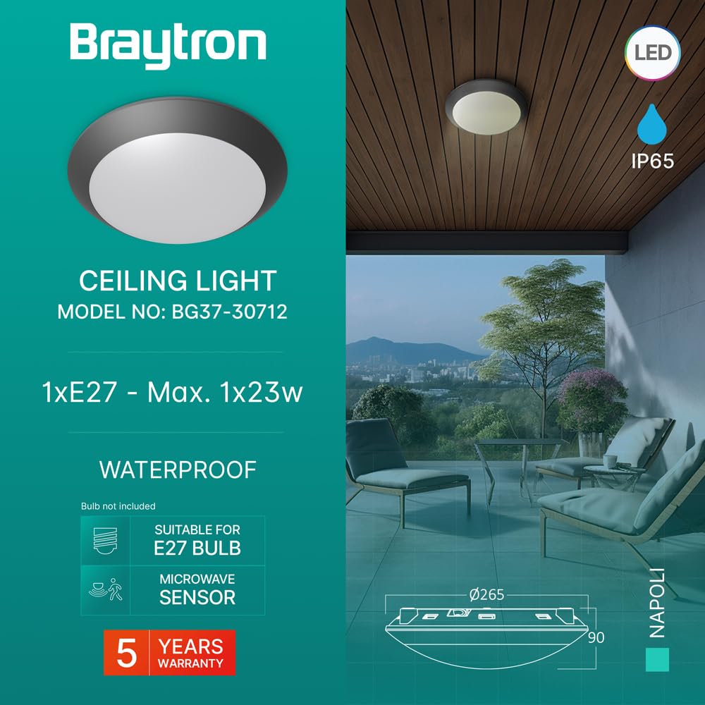 Braytron Außen Deckenleuchte IP65 Ø265mm – E27 Fassung max.23W – Runde Feuchtraumlampe mit Bewegungsmelder (Microwave Sensor) für Bad, Keller, Garage & Balkon (Anthrazit)
