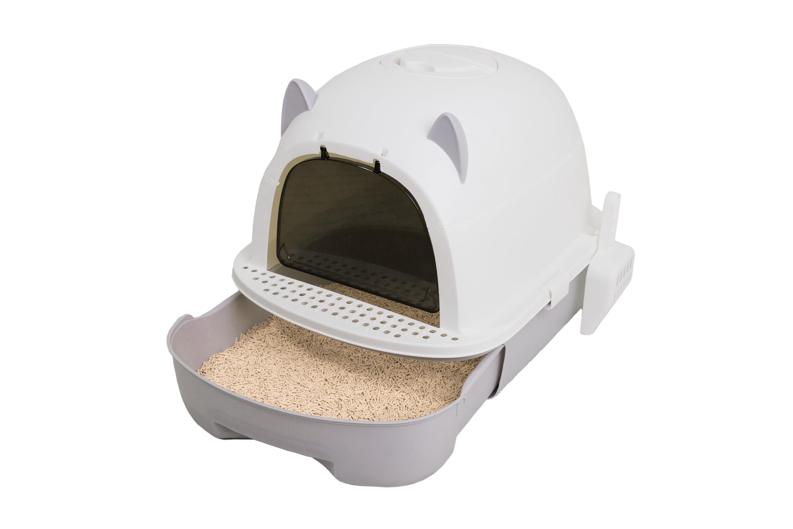 Arenero para Gatos Cubierto Caja de Arena Cerrado con Tapa Removible Bandeja Extraíble Filtro de Carbono Pala y Plataforma Antirastros 52x39x40,5 cm Blanco y Gris