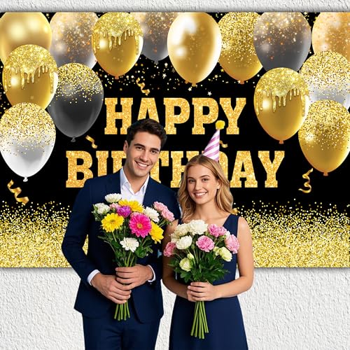 Image of Happy Birthday Decorations Backdrop 8 x 6 ft Golden Happy Birthday Banner Large Birthday Party Background for Men Women Kids Photo Shoot Supplies (Black, 8 * 6 ft)