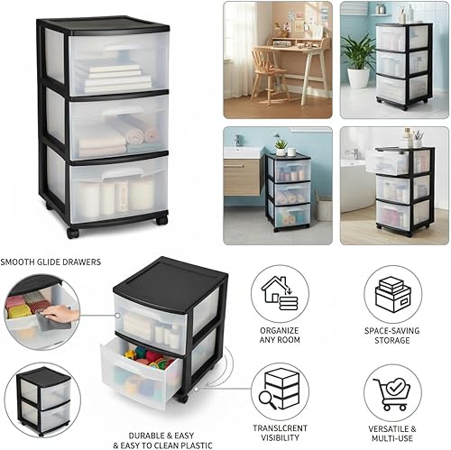 Miniatura 4 de Carrito de almacenamiento transparente de 3 cajones - Multifuncional, organización portátil para el hogar, color negro