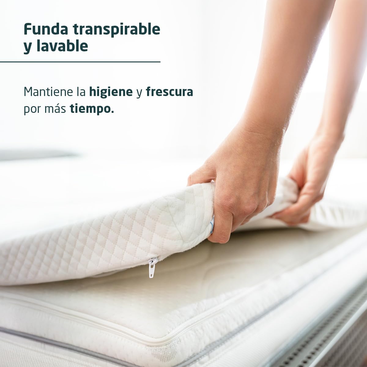 Topper Viscoelástico COMBOCOOL™ 80 x 190 cm – Sobrecolchón único con Enfriamiento Activo – Funda Fresh Lavable y Elásticos Reforzados – 5 cm de Grosor – Certificación Oeko-Tex