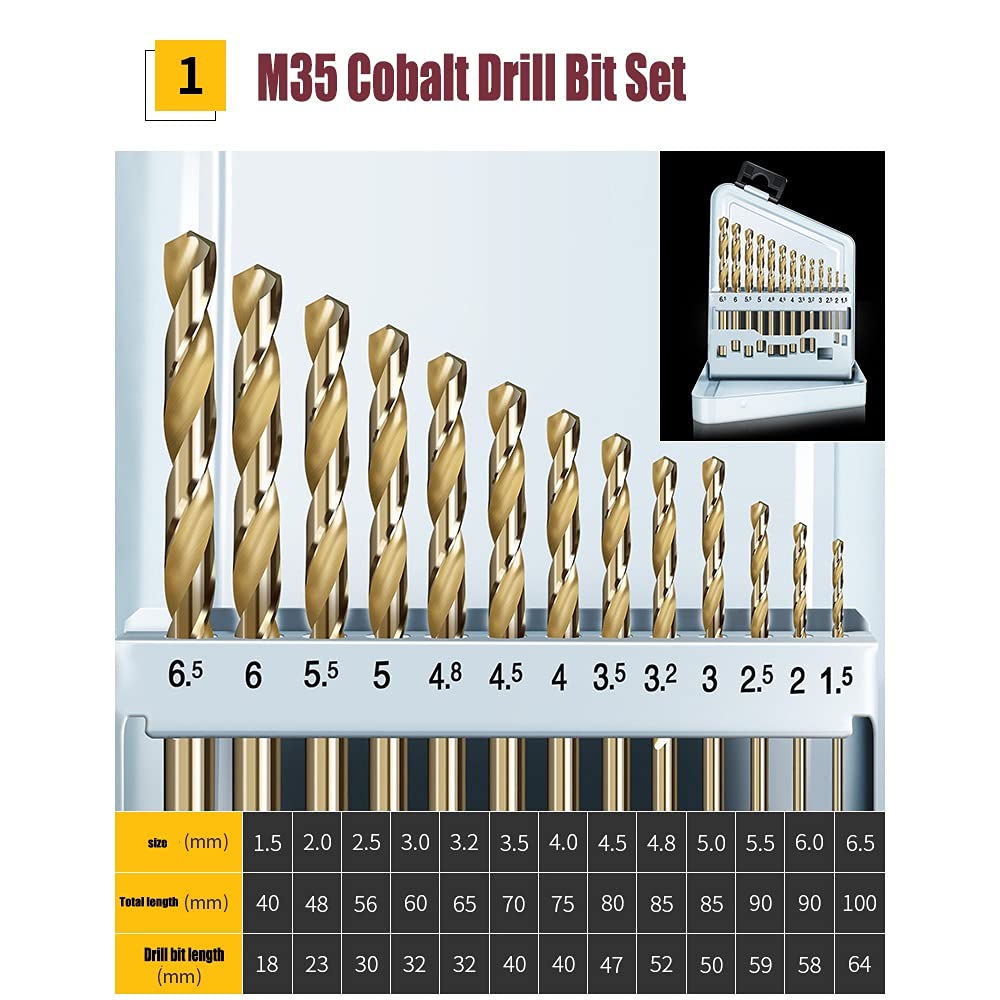 Cobalt Drill Bits Set M 35 Metric Straight Shank Drill Heat Resistant Metal Drill Bits 1.5-6.5mm 13 Pcs(Metallic)