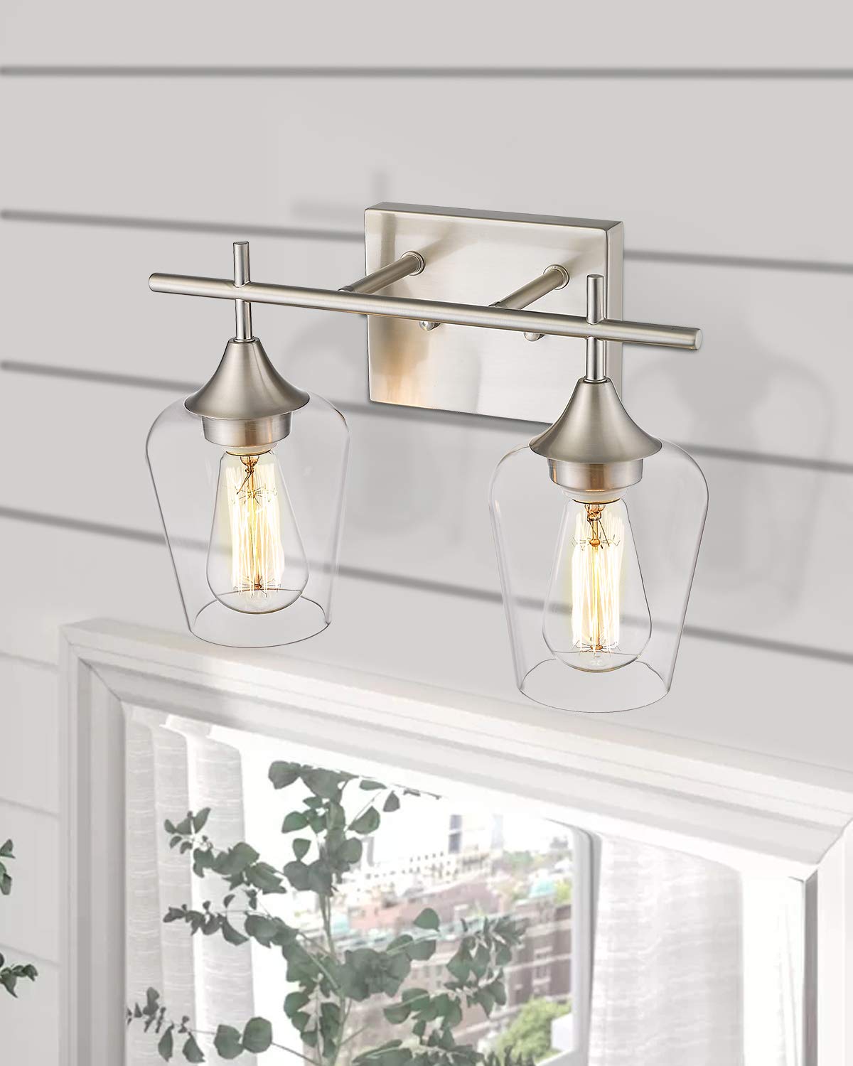 Osimir Bathroom Light Fixtures-Modern Farmhouse 2 Light Vanity Fixture - Bathroom Light in Satin Nickel Finish - Clear Glass Shade, 15" W x 7.5" H, WL9167-2C