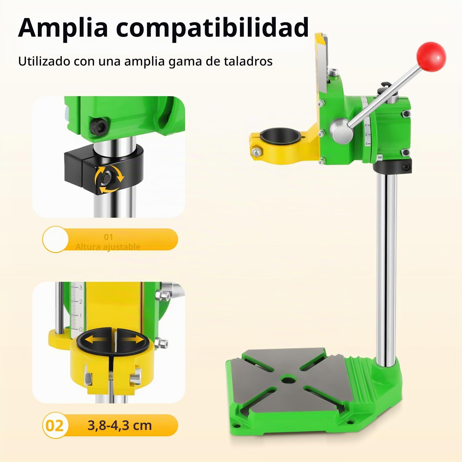 Soporte de taladro giratorio de 90 grados de 49 cm para taladro de mesa para agujeros y fresado precisos, ajustable y estable con mesa de trabajo