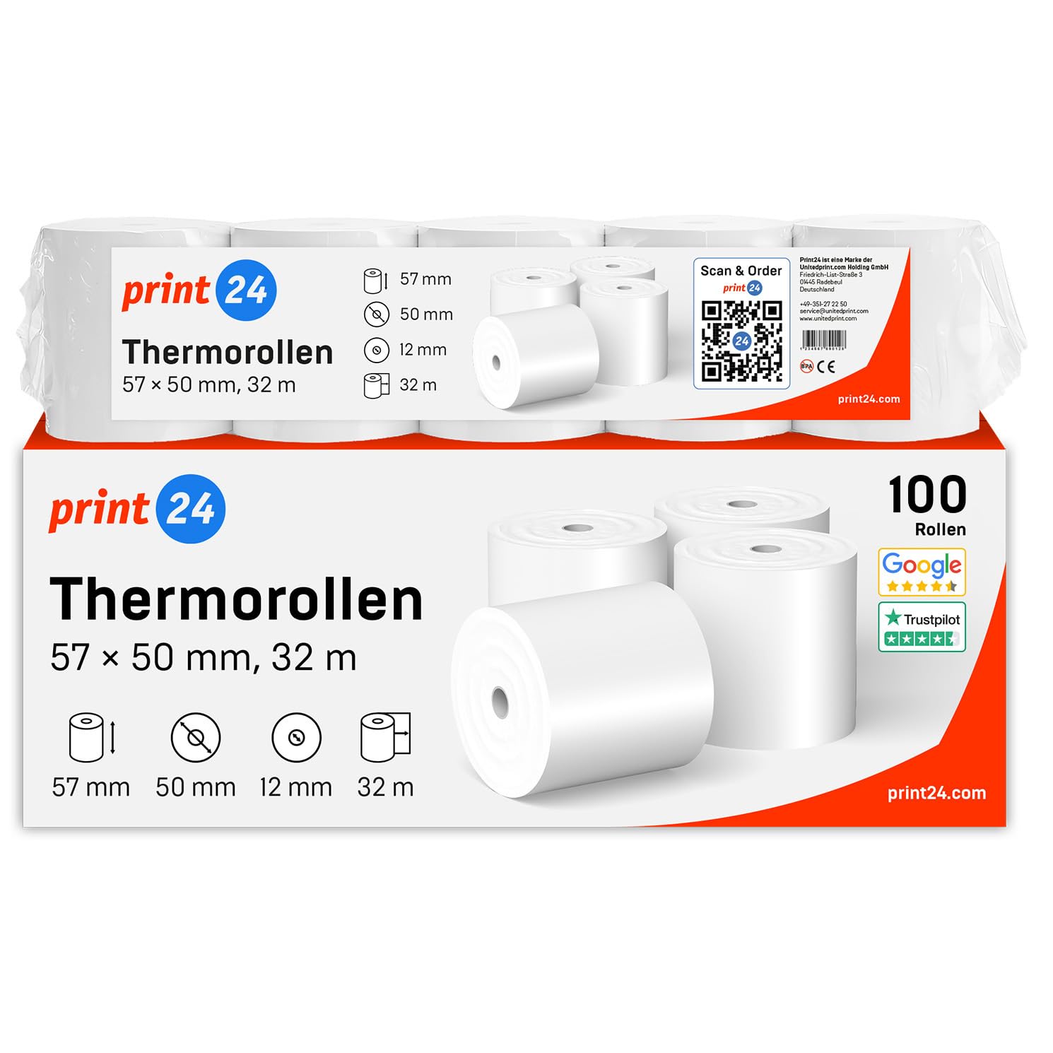 Nowość: print24 rolki termiczne/rolki kasowe, 100 rolek, 57 mm x 50 mm x 12 mm, 32 m, certyfikat PEFC, certyfikat środowiskowy, do EPSON, IBM i wielu innych.