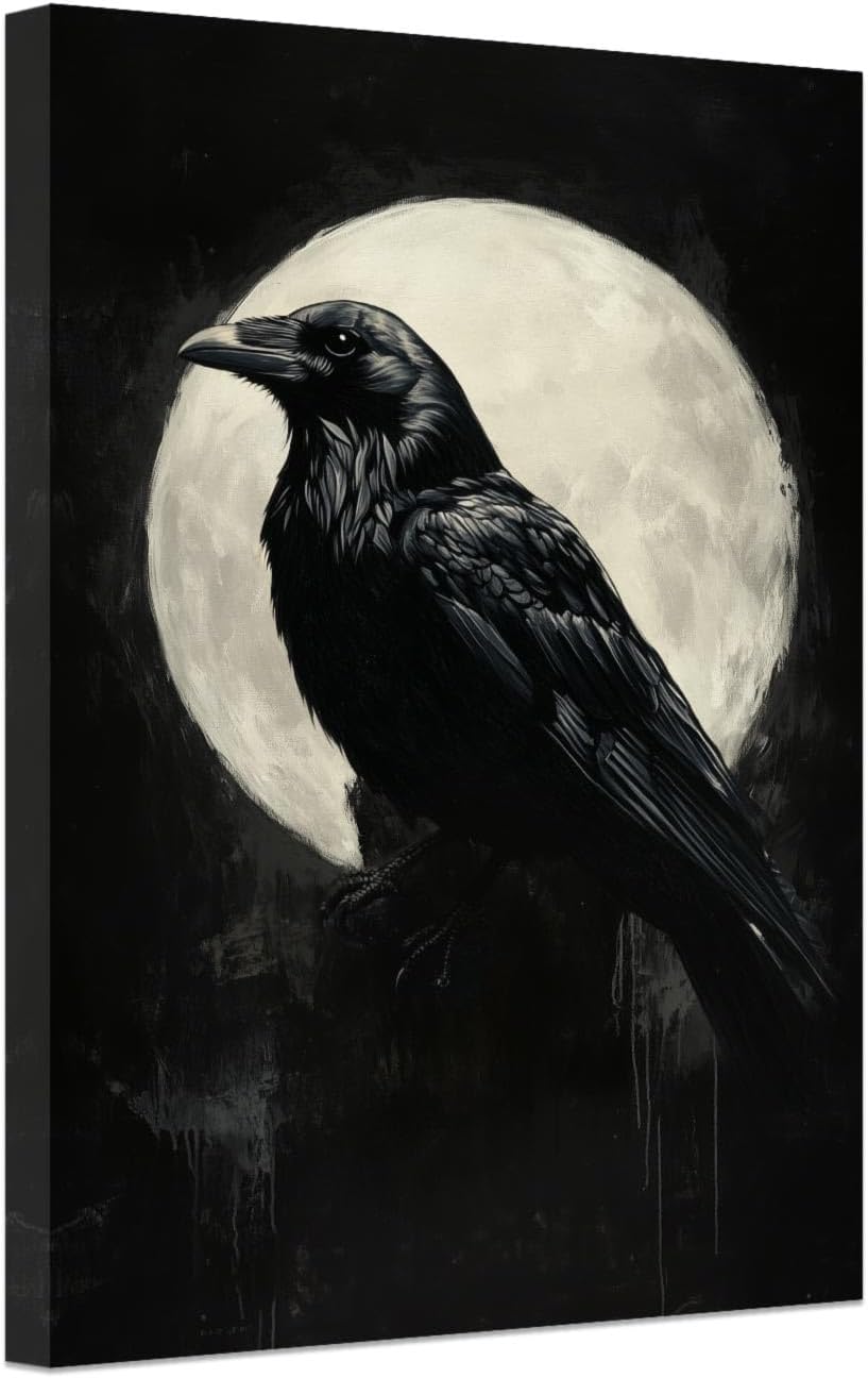 SWQYLB Black Raven Wall Art Halloween Crow Pictures Dark Animal Bird Painting Vintage Gothic Artwork Prints Dark Home Decor Framed (Black, (12.00" x 18.00"))
