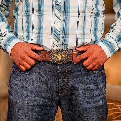 Western-Cowboy-Belts for Men Women Floral-Engraved-Belt with Longhorn-Bull-Head-Belt Buckle Suitable for Waist 29"-37"3