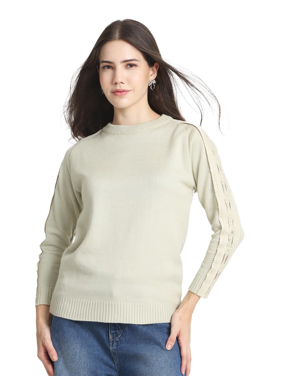 shaye Round Neck Beige Solid Long Sleeves Knit Sweaters for Women-picture-26