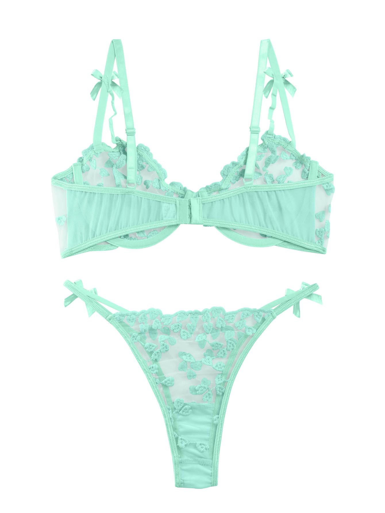 Lilosy Sexy Underwire Cute Push Up Strappy Embroidered Mesh Sheer Lingerie Set See Through Panty Bra: Small Bow Mint Green