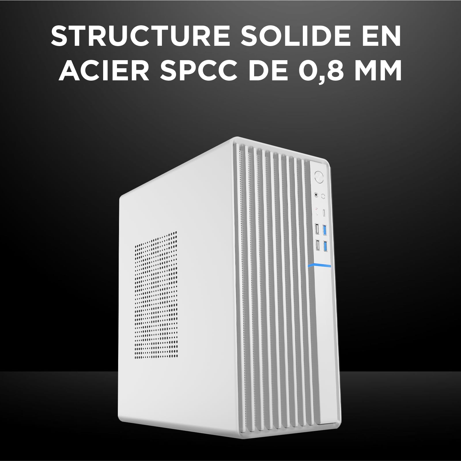 Nuwo Quartz QH300 | Boîtier PC Compact Micro-ATX sans Bloc d'alimentation | Compatible avec MicroATX et Mini-ITX | Refroidissement réseau Frontal | USB 3.0 et Type-C, Blanc