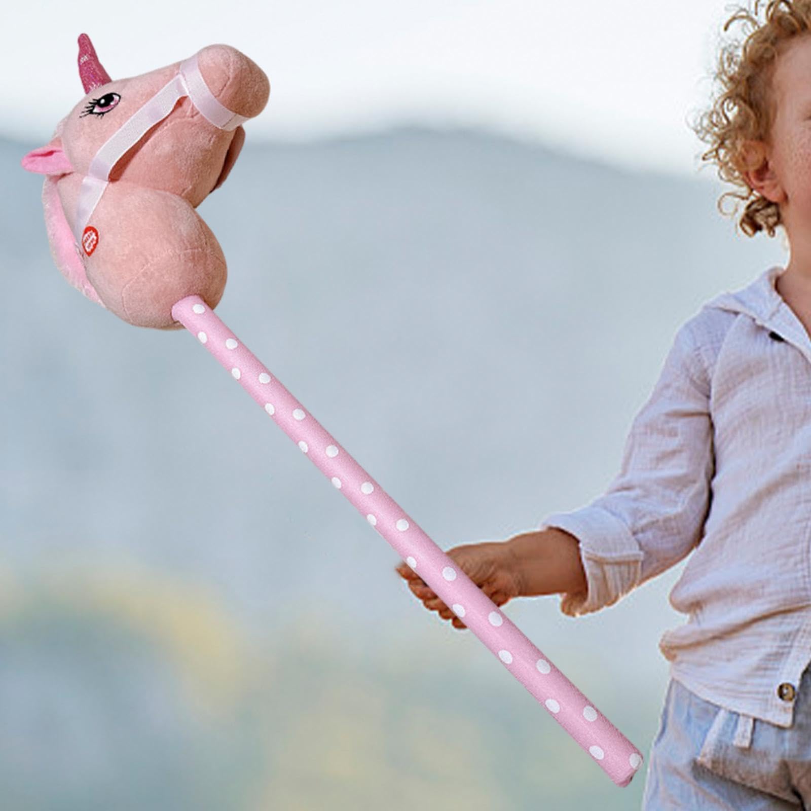 Hobby Horse Bastone Peluche Cavallo Testa Animale Morbida Giocattolo con Suoni Realistici per Bambini Adatto a Regalo Compleanno Casa, Rosa