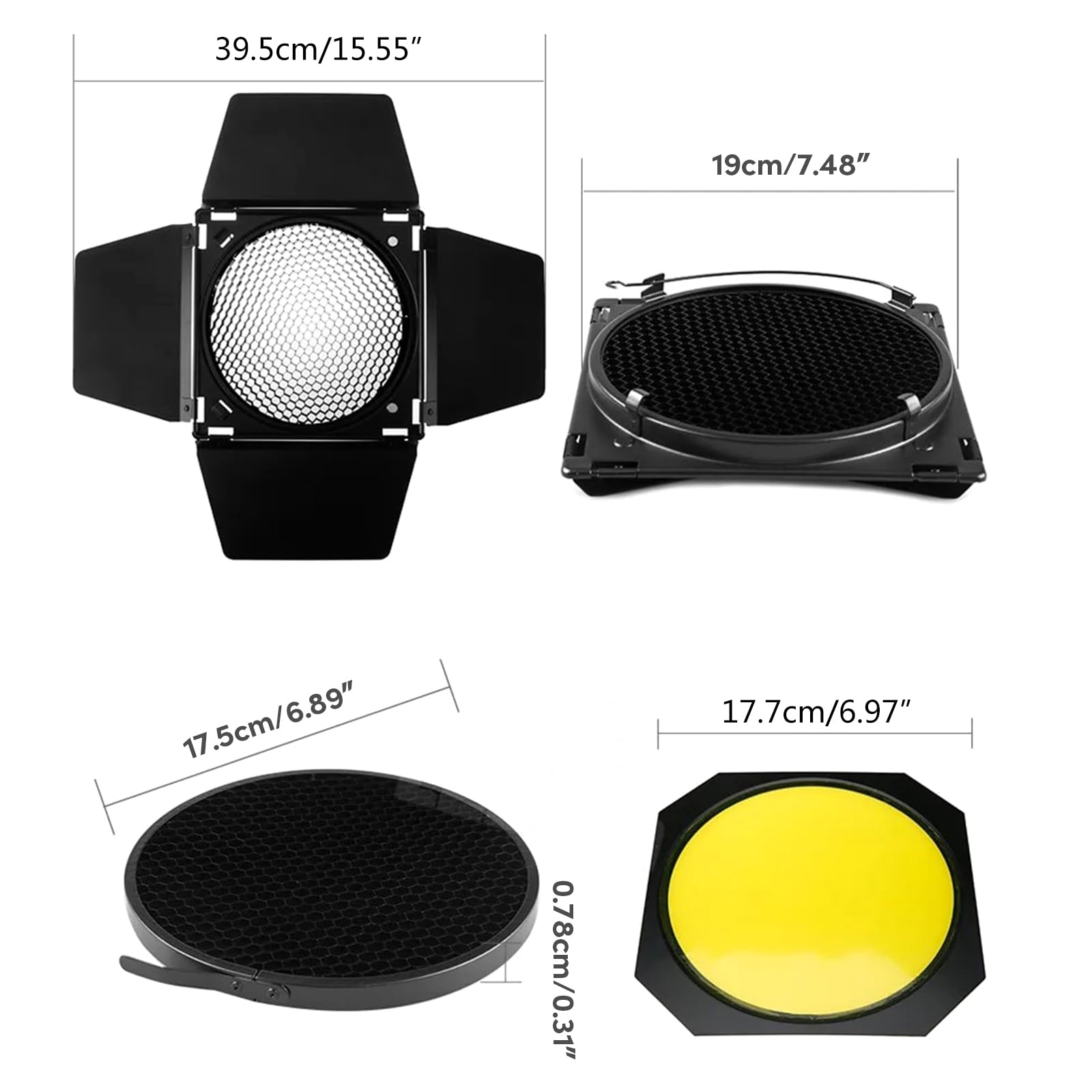Kit de porte de grange solide pour réflecteur standard de 17,8 cm avec grille en nid d'abeille et 4 filtres de couleur