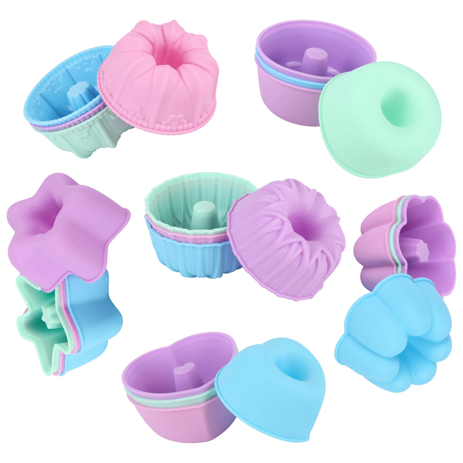 AILUYA 24Pcs Silicone Muffin Cases, 6 Shapes Heart Star Flower Reusable Silicone Baking Cups