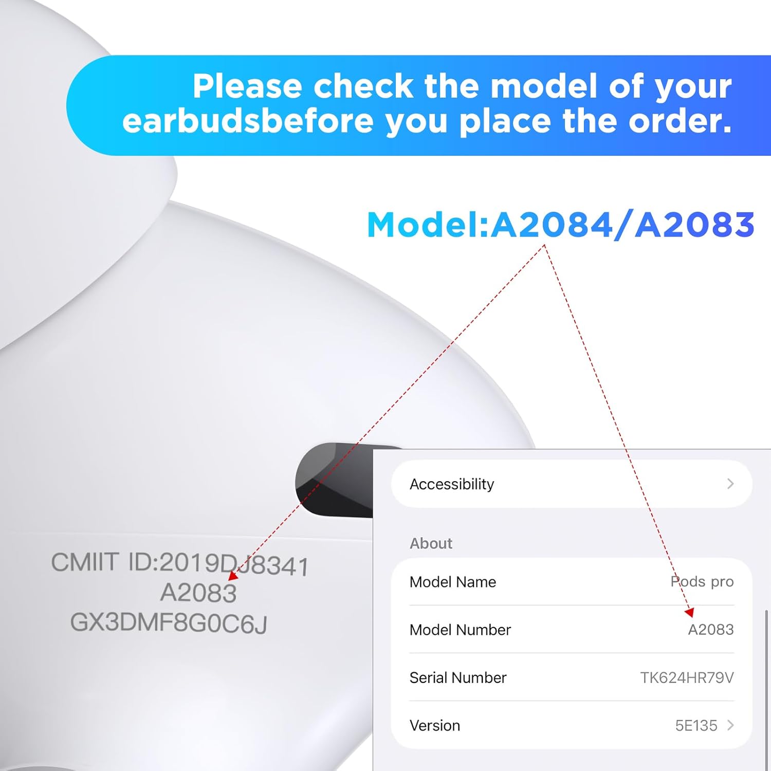 replacement Original Right Earbud Replacement A2083 for Pod Pro 1st Gen, replacement with OEM Air-Pro Charging Case A2190 It can only be used in combination with A2084。Other models are not compatible.