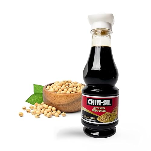 Chin-Su - Salsa de soja premium, botella de 8.5 onzas líquidas, 100% vegana, salsa de soja oscura para sumergir, salteados, adobos, aderezos,