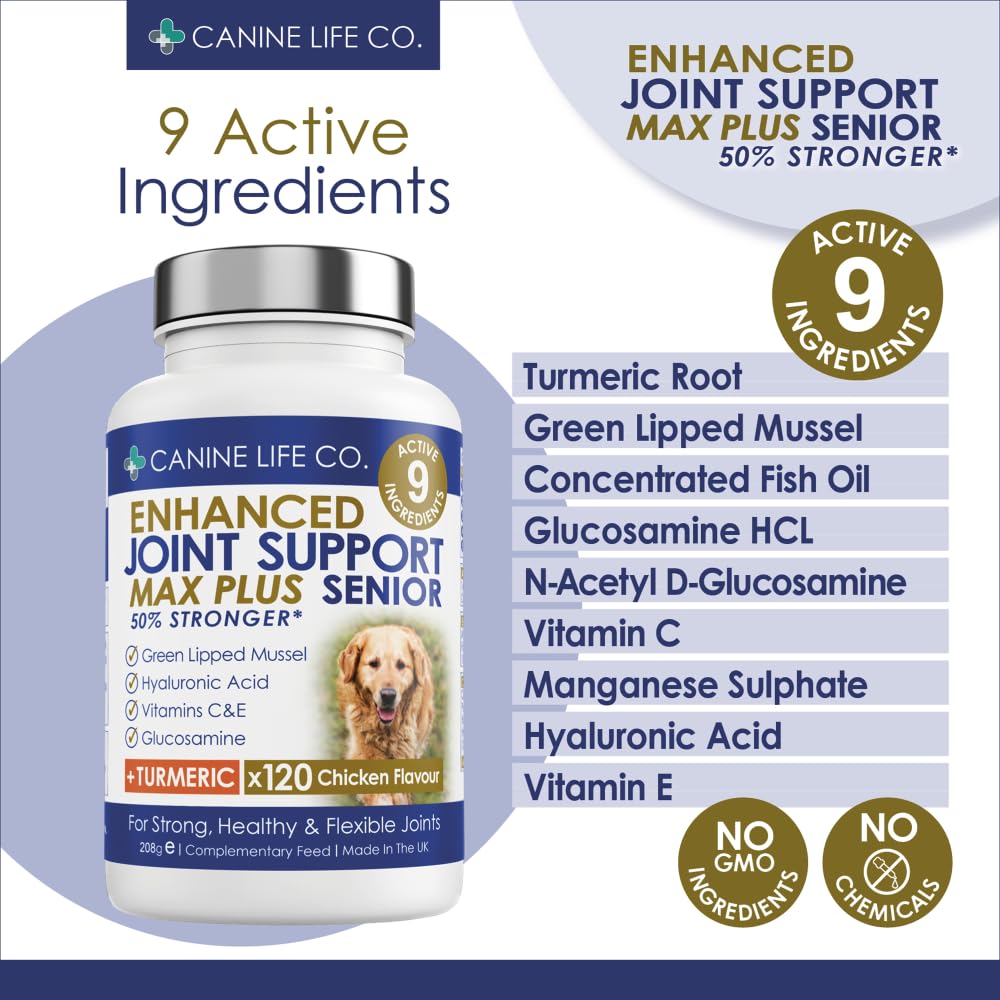 Senior MAX High Strength Dog Joint Supplements With Turmeric Glucosamine & Green Lipped Mussel For Older Stiffer Dogs Age 9+ 120 Chewable Tablets Made In UK - Image 4