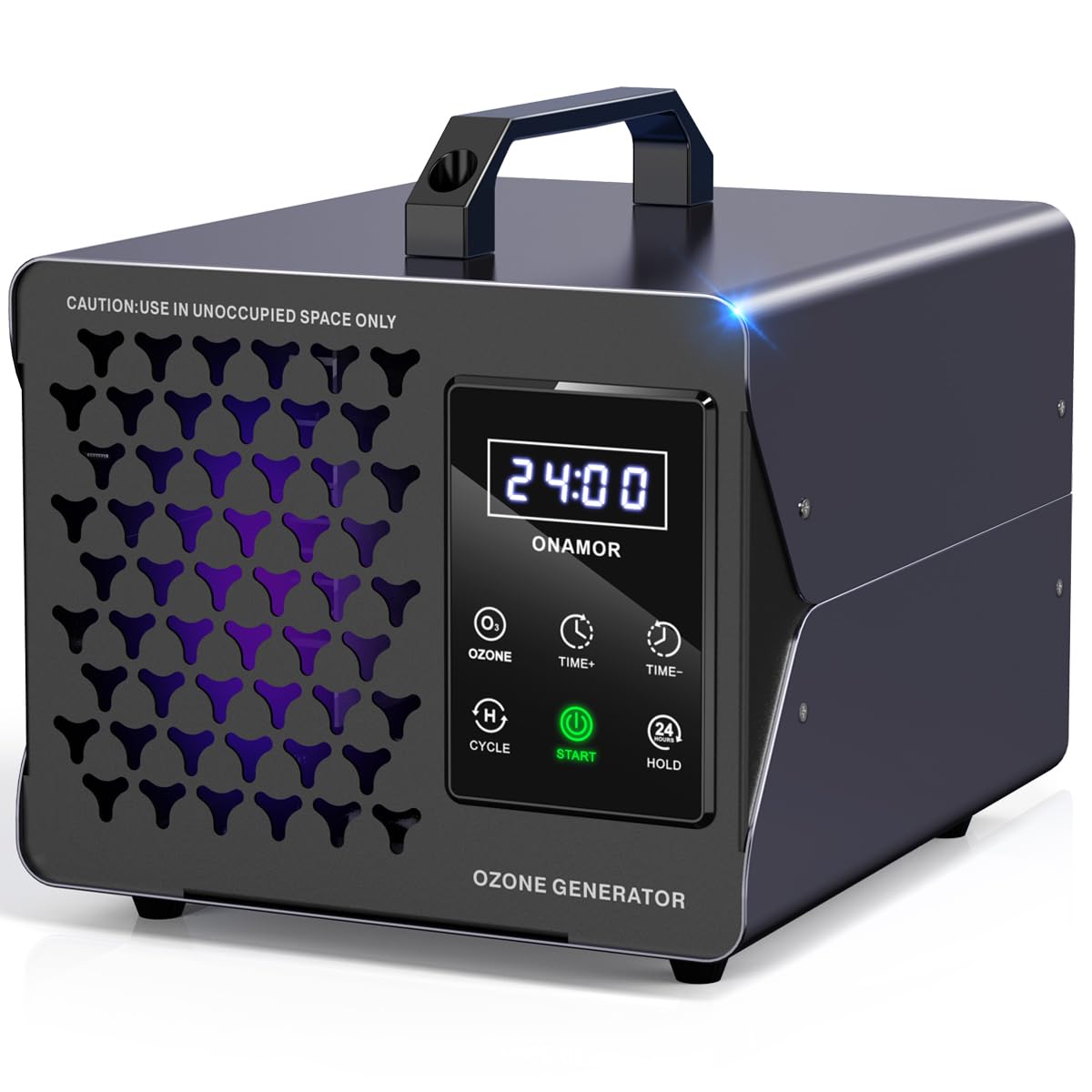 ONAMOR Digital Ozone Generator in Grey, showcasindzięki kompaktowej konstrukcji i cyfrowemu wyświetlaczowi.