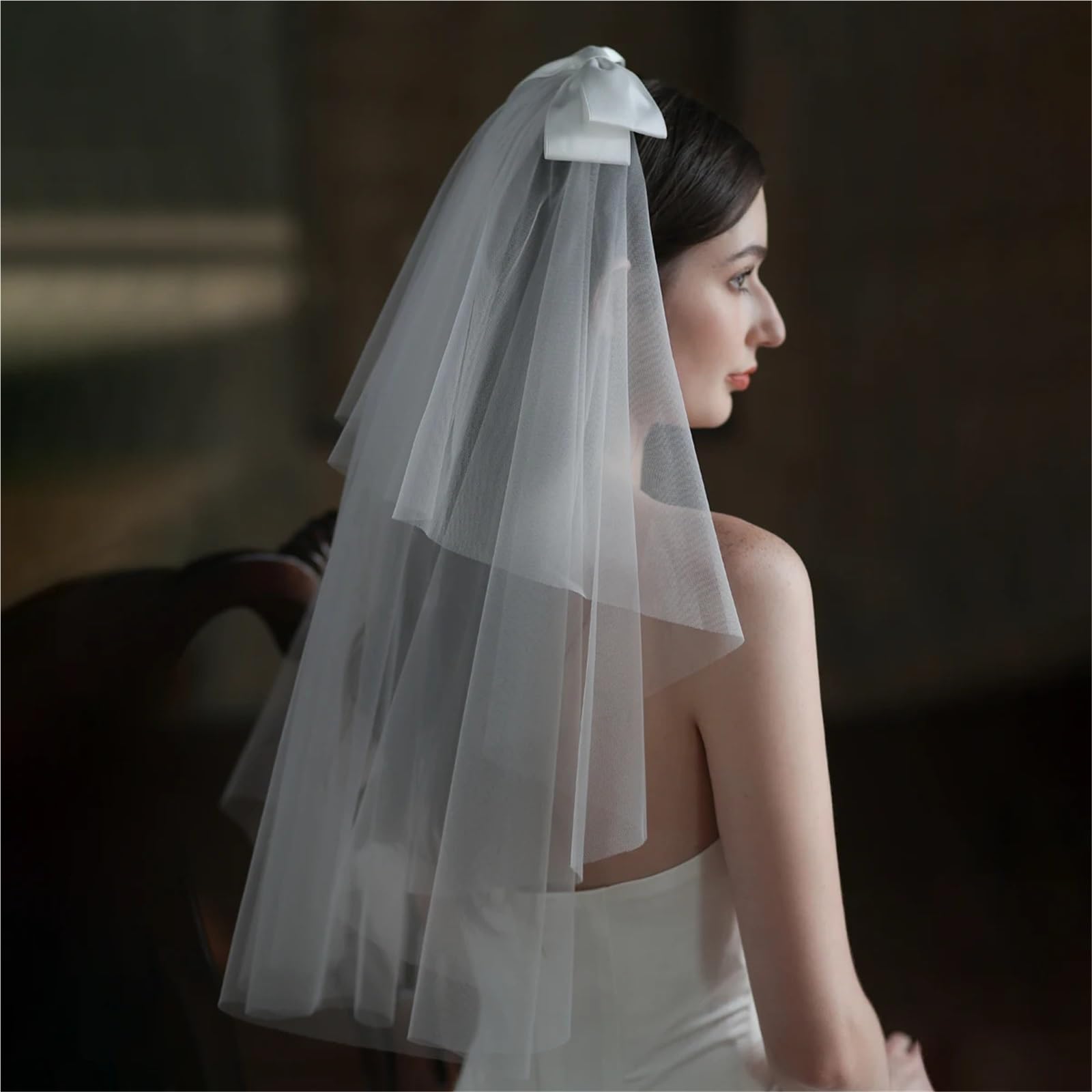 Brautschleier 2 Stück weicher Hochzeitsschleier, zweilagig, Tüll, Hochzeit, Brautschleier aus Satin, Schleife mit Haarkamm for die Hochzeit Brautaccessoires(White)