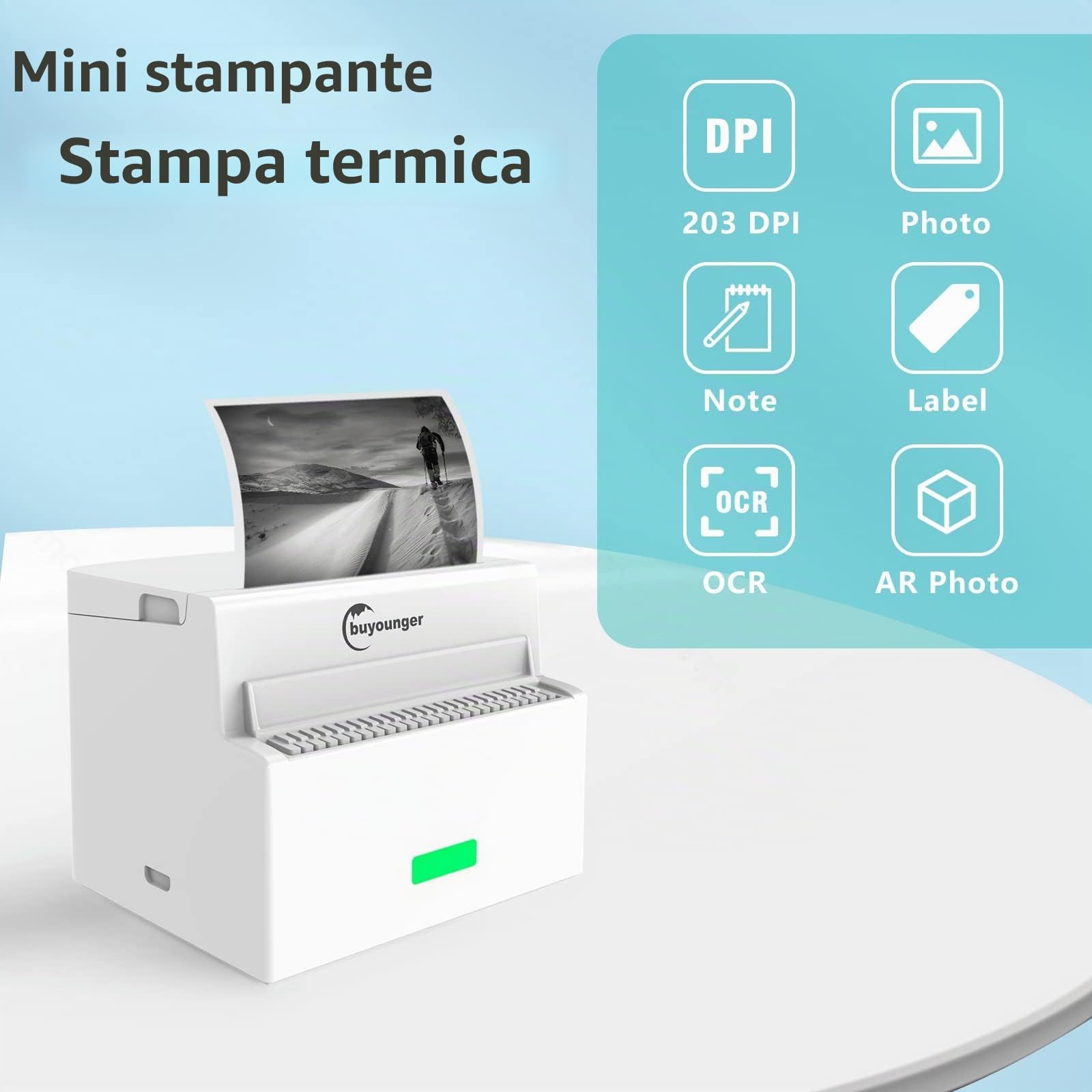 Buyounger Mini Stampante – Stampante Termica Portatile per Smartphone, Bluetooth Mini Stampante Fotografica e per Adesivi, Regalo Creativo per Studenti, Studio, Ufficio & Casa (Carta Termica Inclusa)