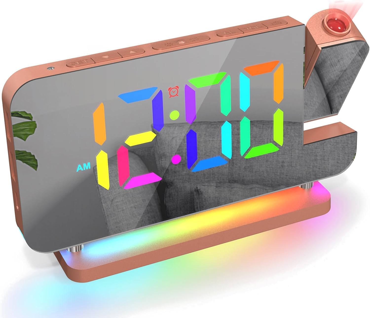 Euakee Sveglia Digitale, Sveglia con Proiezione, Orologio a Specchio LED da 7,4”, Luce Notturna a 10 Colori, Proiettore Ruotabile di 180°, Caricatore USB-C per Bambini Cameretta (Oro rosa)