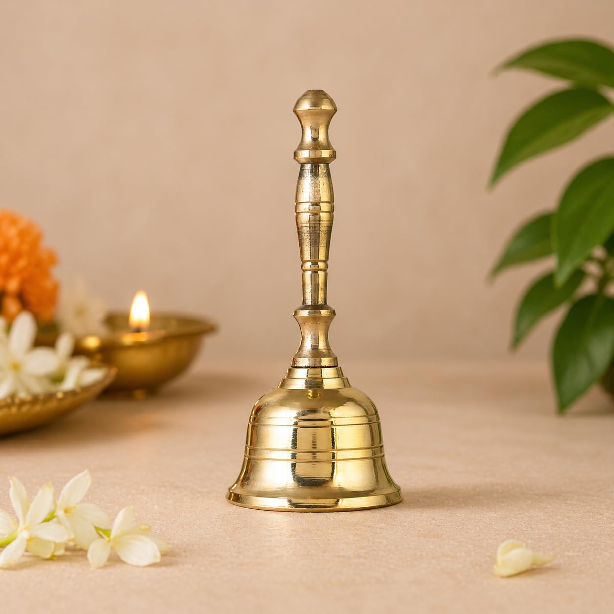 Craftvatika Brass Hand Bell for Pooja Ghanti for Mandir, Home and Office Temple Prayer Bell Ghanti for Decoration (1.6 x 3.8 inches, Golden) 3