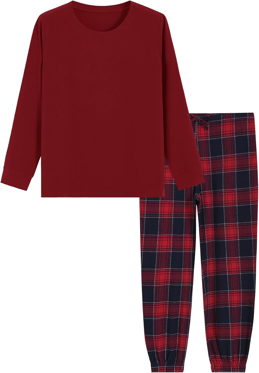 Latuza Women's Petite Pajama Set Crew Neck Knit Top Flannel Jogger Pants