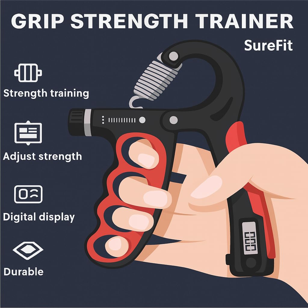 SUREFIT Adjustable Hand Gripper with Counter – 5–100 kg Resistance Hand Strengthener – ABS Plastic & Steel Spring – Black/Red – Standard Size 2
