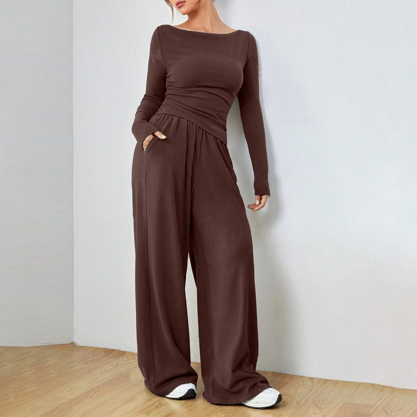 Loungewear Damen Homewear Langarm Schlafanzug Elegant Zweiteiler Rundhalsausschnitt Tops und Weites Bein Hosen Trainingsanzug Einfarbig Nachtwäsche Lässige Tracksuit Sportanzug