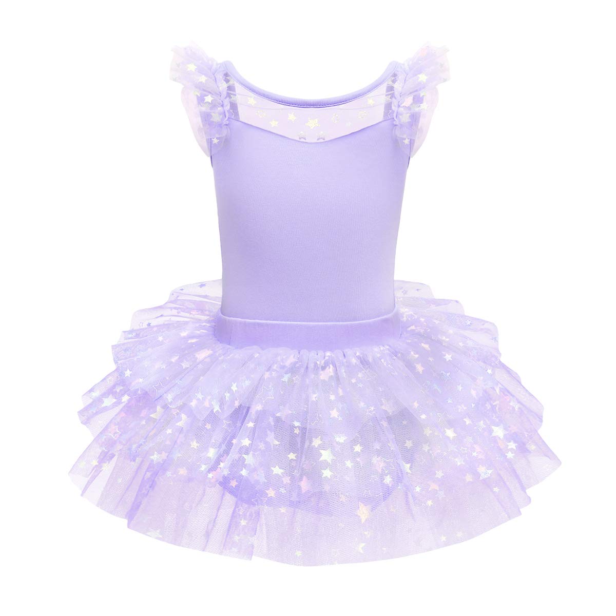 IDOPIPGirls Glitter Star Tutu Skirted Leotard Sequin Ruffle Sleeve Ballet Dance Dress Ballerina Dancewear Gymnastics Costume