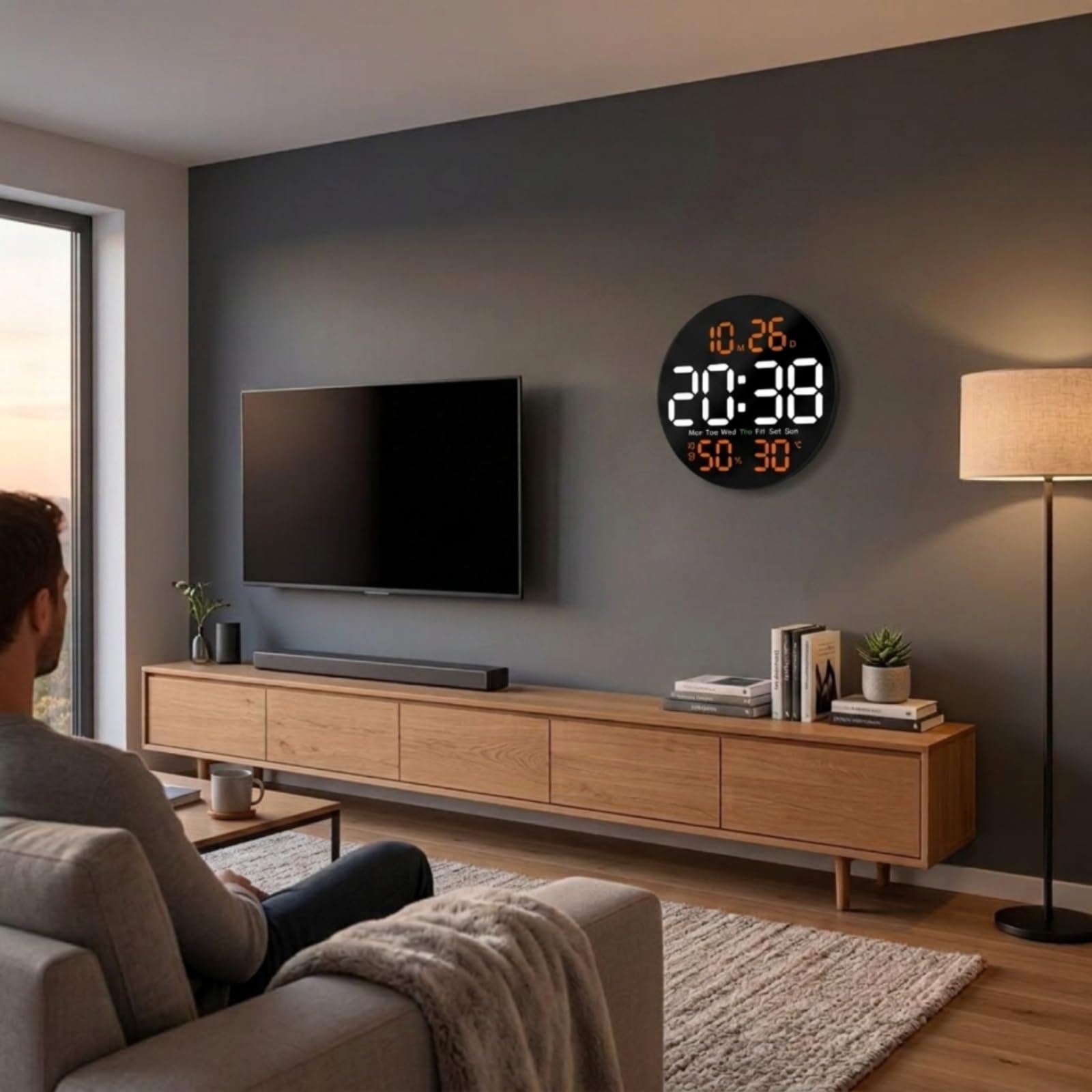 Orologio da Parete Soggiorno Digitale LED Calendario Sveglia Attiva Termometro Igrometro Display Chiaro Corpo in Plastica Adatto per Salotto Camera da Letto Studio Ufficio