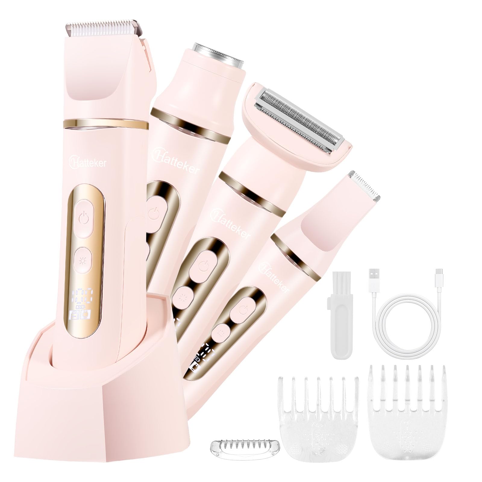 Maquinilla de afeitar eléctrica 4 en 1 para mujer, IPX7, impermeable, para piernas, brazos, facial y axilas, inalámbrica (rosa)