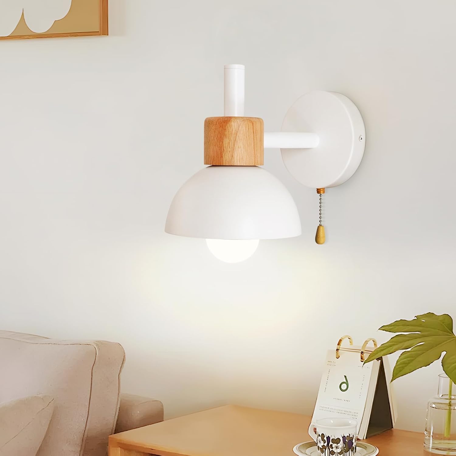 White Metal and Wood Wall sconces, Farmhouse Wall Lamps with On/Off Switch,Rustic Lighting Fixtures for Bedroom, Nursery, Living Room, Porch, Hallway