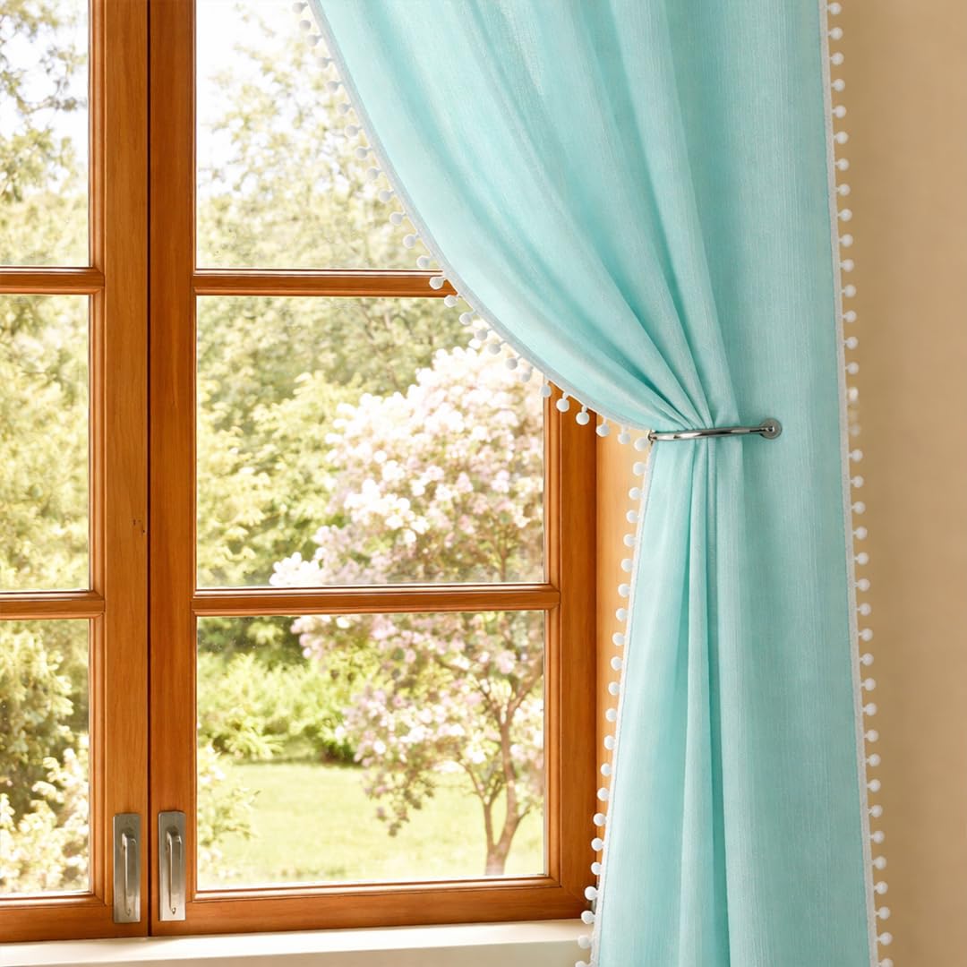 HOMEMONDE Cotton Sheer Solid CurtainsCustomize Feet Sun Light Filtering Solid Curtain with Rod Pocket, Both Sides Pompoms - (Pack of 2 - Celeste)
