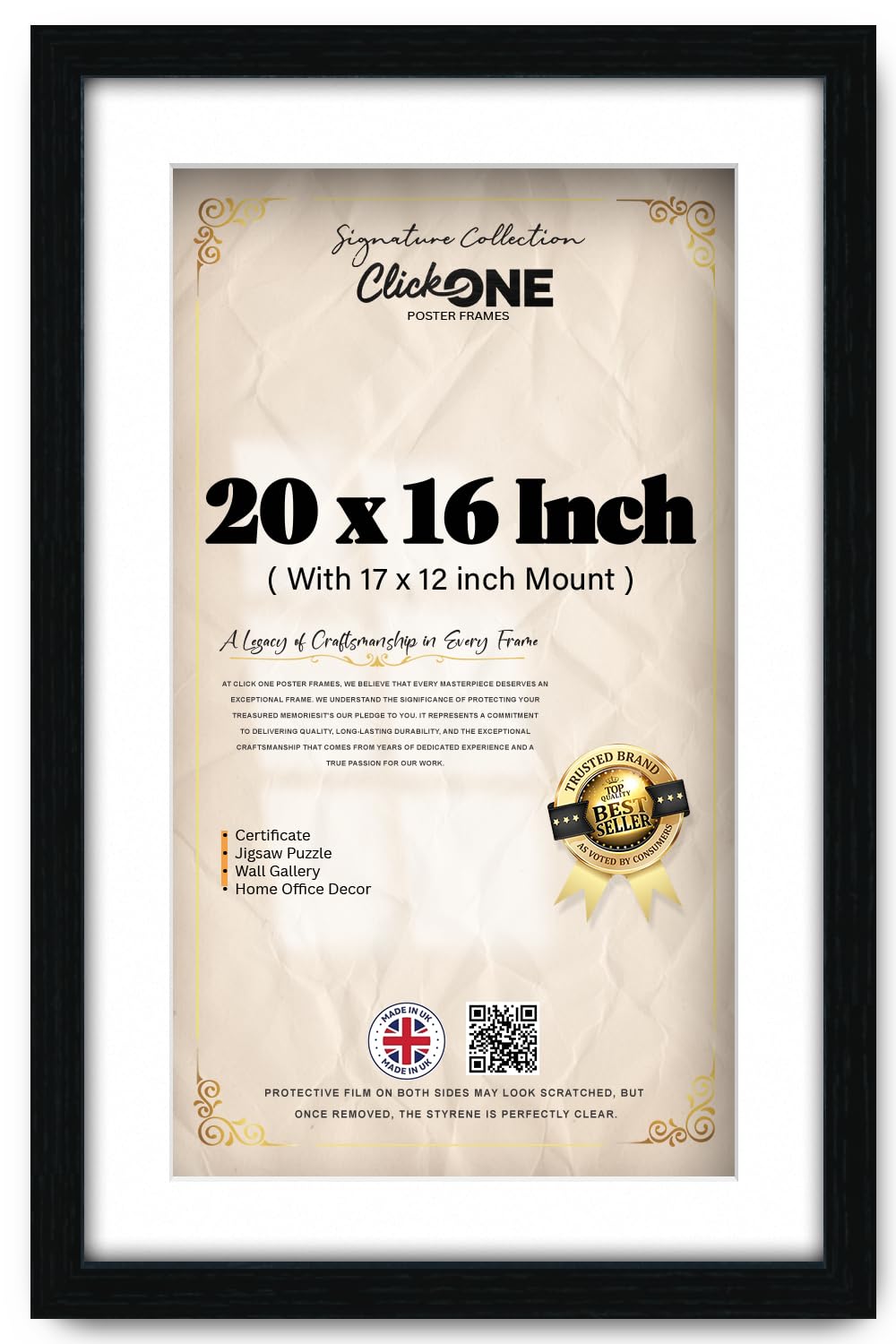 Click One 20 X 16 Inch Poster Frame With 43.18 X 30.48 Cm White Mount For Displaying Art And Photos In Portrait Or Landscape Settings, Contemporary Black Border For Living Room And Gallery Walls