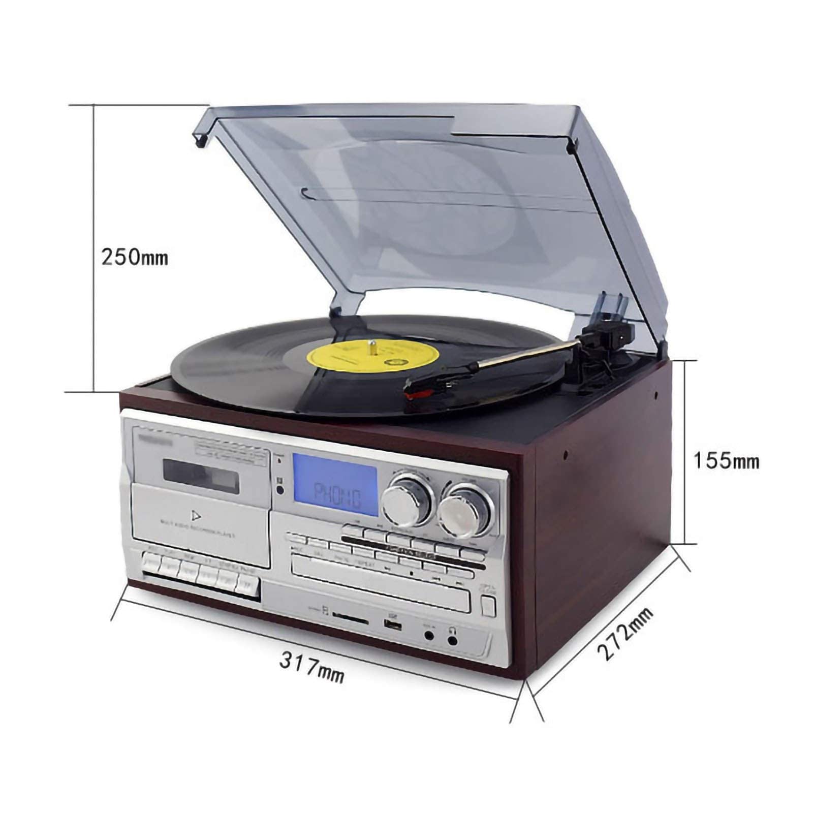 Draaitafel Bluetooth met luidspreker, retro platenspeler nostalgie vinyl speler met FM-radio/cd-speler/cassettespeler/MP3 USB/SD-kaart, MP3-opnamefunctie