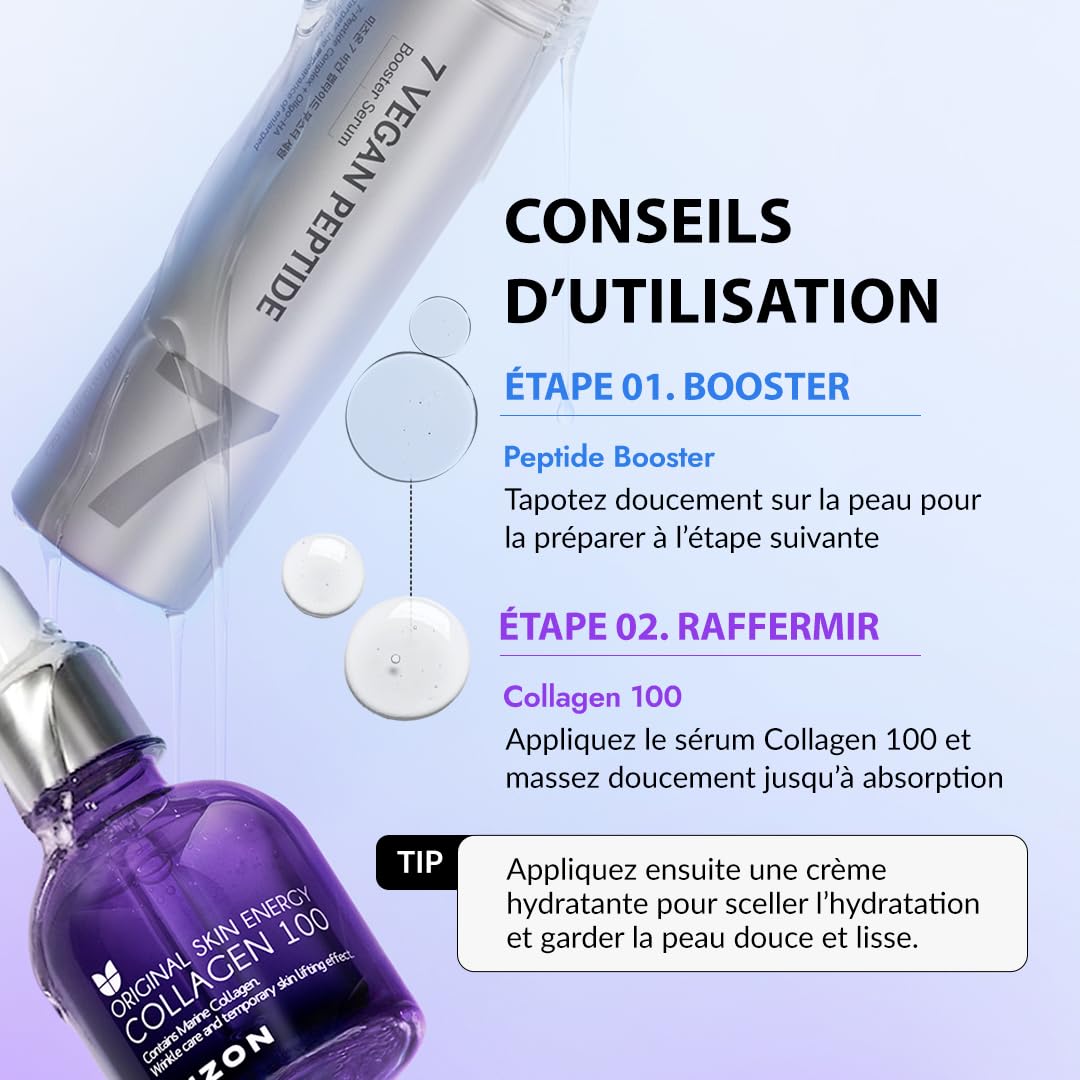 [MIZON] FIRM'N'GLOW COLLAGEN SYNERGY SET - 7 Vegan Peptides Booster serum 150ml + Collagen 100 Ampoule 30ml, routine fermeté, élasticité, hydratation & ridules, Korean Skincare